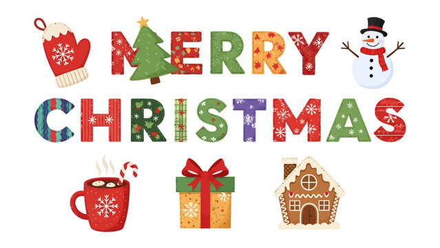 Festive Christmas Greeting: A charming illustration featuring the words Merry Christmas adorned with holiday icons such as a snowman, Christmas tree, gift box, gingerbread house, and hot chocolate.