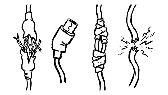 Electrical hazard plugs and frayed wires in doodle line style