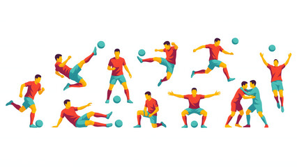 Fototapeta premium Collection of flat soccer player in various action poses and red isolated on transparent background png