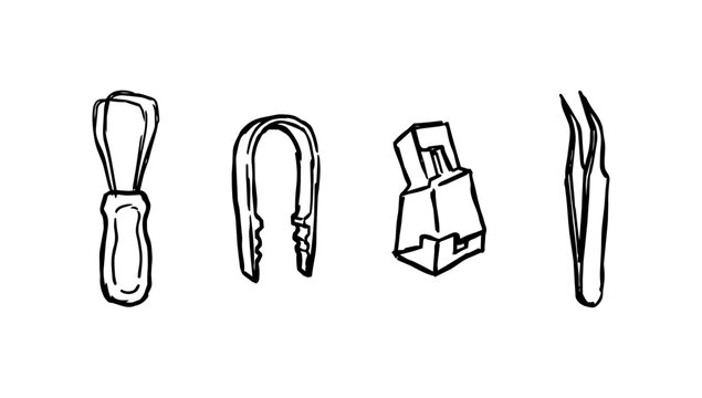 Small utility tools including magnet and tweezers in doodle line