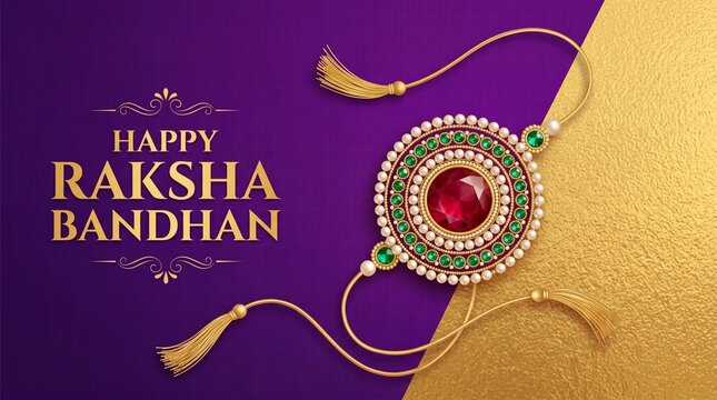 Happy Raksha Bandhan, the Indian festival, with Rakhi elements and crystal on color background