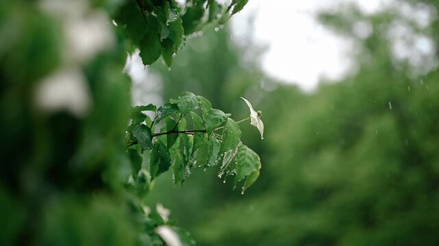 Cinematic horizontal view of a single white kousa dogwood flower on a wet branch in rain with soft green background bokeh - 비 내리는 날 촉촉하게 젖은 초록 나뭇가지 끝으로 피어난 한 송이의 하얀 산딸나무 꽃잎 위로 투명한 빗방울이 영롱하게 맺힌 싱그러운 풍경