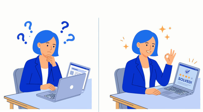 Professional woman transitions from a state of uncertainty to a state of accomplishment after solving a task.