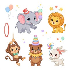 Obraz premium Cute circus animals set with elephant, lion, monkey, bear and rabbit