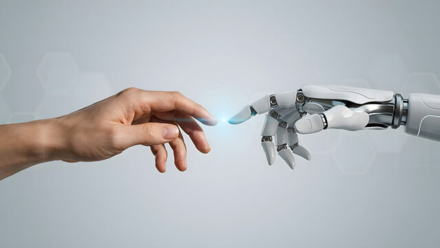 Human and robotic finger touching with blue light and hexagonal isolated on transparent background png