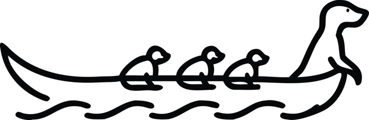 Minimalist Black and White Line Art Illustration of Mother Swan with Three Baby Cygnets Riding Together in a Boat © Toffzal