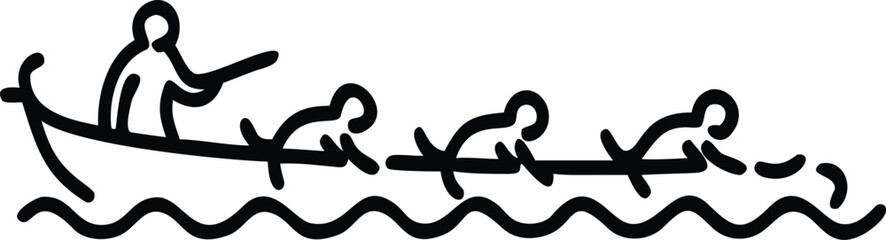 Minimalist Black and White Line Art Illustration of Stick Figure Rowing Boat with Ducklings Following in Water © Toffzal