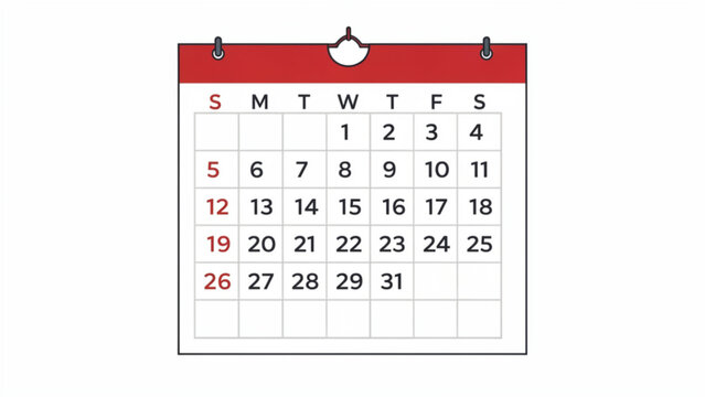 Monthly Calendar Calendar Page with Red Header and Weekdays in Black and Red