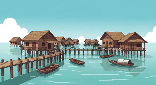 Vector illustration of a tropical floating village featuring wooden stilt houses with thatched roofs, connecting piers, and small boats on turquoise water under a clear blue sky.