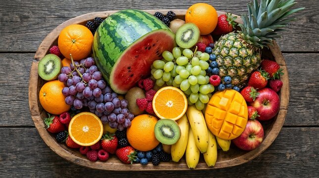 Fresh fruit assortment on wooden table