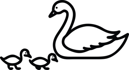 Fototapeta premium Minimalist Black and White Line Art Illustration of Elegant Mother Swan Leading Three Baby Cygnets in Family Scene