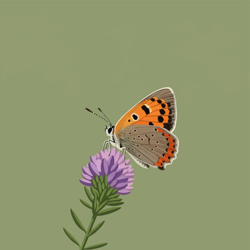 Vector illustration of a Small Copper butterfly Lycaena phlaeas perched on a purple flower. Features orange wings with black spots and grey underwings against a solid green background.