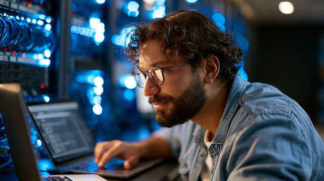 Network security engineer configuring next generation firewall on rack mounted appliance in server room with laptop showing firewall rule