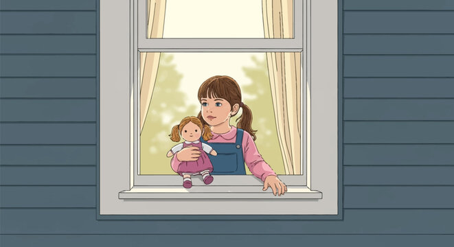 Vector illustration of a young girl with brown hair in pigtails holding a toy doll and looking out an open window of a blue house with white trim and cream curtains.