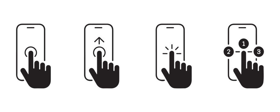 Collection of hand touching smartphone screen icons for mobile application user interface design.