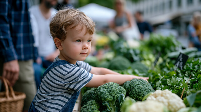 Overprotective parent trails ten steps behind a child at a crowded urban farmers market, arms half-raised in perpetual readiness while the oblivious child reaches confidently toward a vegetable disp