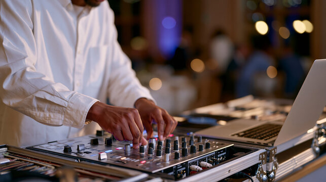 Professional DJ adjusting mixer levels at elaborate reception sound setup inside dimly lit ballroom, crates of vinyl records beside laptop controller, LED booth lighting casting dramatic shadows acr