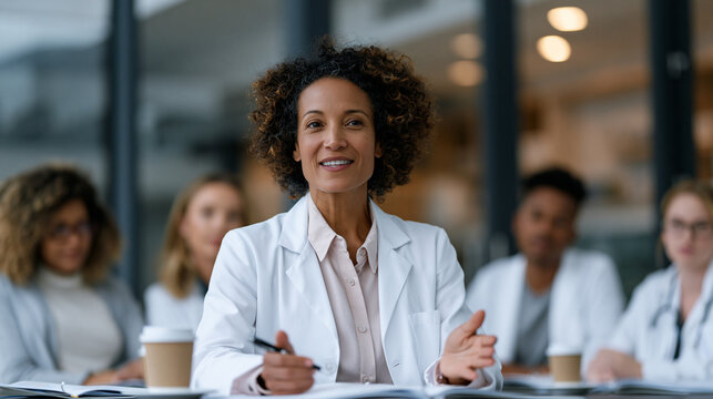 Pharmacist educator leading continuing education session for pharmacy technician staff gathered around table in pharmacy break room, controlled substance handling protocol update after regulatory ch