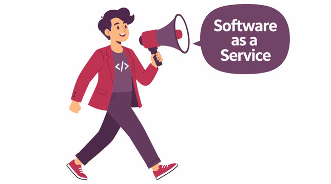 Cartoon character holding megaphone for Software as a Service.