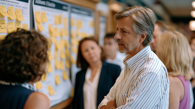 Teachers gathered around data wall in school hallway during professional development day, sticky notes covering student achievement charts, instructional planning, September data review, teacher col