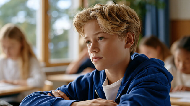 Twelve-year-old sits alone at a classroom desk surrounded by students working on basic arithmetic, staring out the window with an expression mixing acute boredom and quiet frustration, a gifted chil