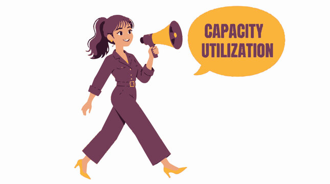 Woman with megaphone announcing capacity utilization concept.