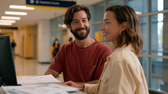University registrar assisting adult returning student at back-to-routine September enrollment window, identity documents and financial aid forms spread across counter, institutional hallway with di