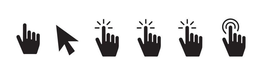 Fototapeta premium Set of various cursors and clicking hand icons on transparent background for UI.