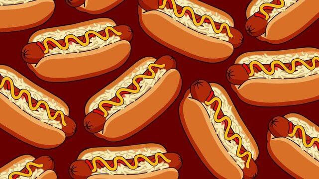 Dynamic hot dog pattern footage featuring classic sausages in buns topped with mustard and ketchup. Ideal for food promotions, restaurant advertising, festive campaigns, menu displays