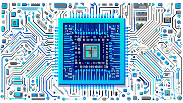 close up of a blue computer chip on a circuit board with electronic components