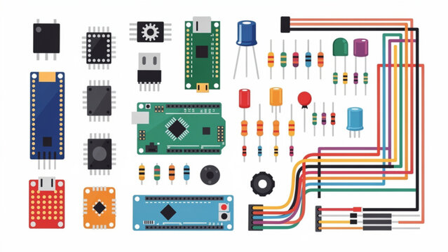 Electronic components including microchips resistors capacitors and wires for circuit design and electronics development