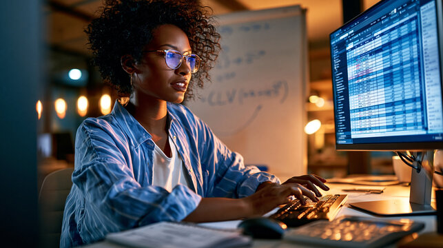 Business analyst building a customer lifetime value model in a spreadsheet at a desk with a hand drawn CLV formula on a whiteboard