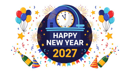 New Year Celebration 2027: Festive illustration marking the arrival of the new year with a clock striking midnight, balloons, confetti, champagne bottles, party hats, and fireworks. © সৈয়দ আল আমিন