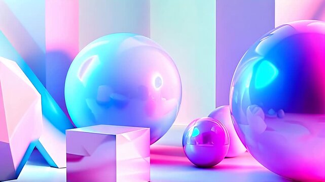And reflective spheres, metallic cube on striped background. Ideal for abstract designs, wallpaper, or product branding in modern aesthetics.