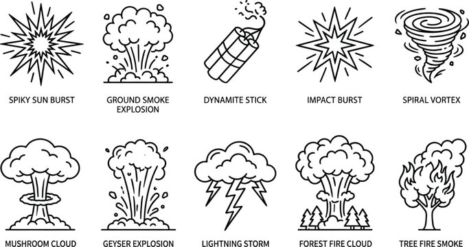 Explosion icons with labels dynamite stick ground smoke mushroom cloud lightning storm forest fire.