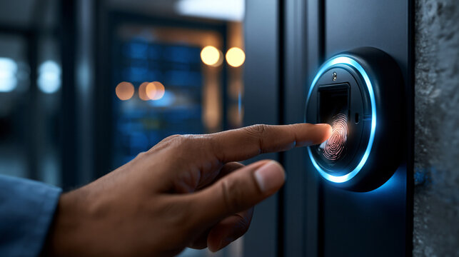 Person using thumbprint biometric scanner on sleek black wall panel with glowing blue LED ring security access authentication in dark setting