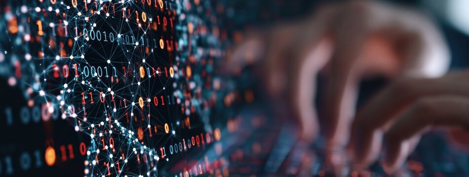 Technology and digital matrix code on screen with software programming and cyber