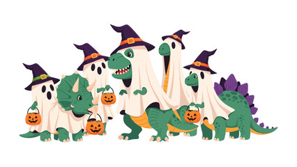 Fototapeta premium Halloween Dinosaurs in Ghost Costumes and Witch Hats Ready for Trick-or-Treat