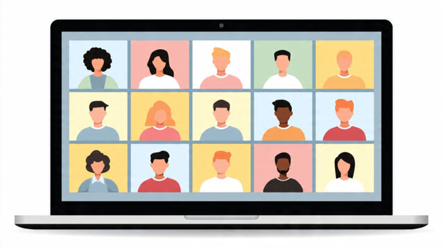 Video conference screen with diverse participants in a professional setting modern digital communication