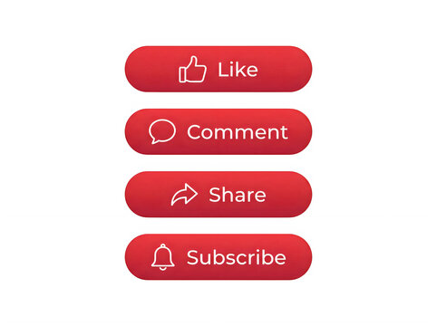Red social media buttons, Like, Comment, Share, Subscribe icons, flat design elements