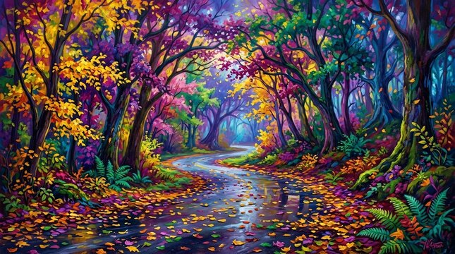 colorful forest road with trees and fallen leaves