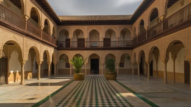 Sunny historic Seville palace courtyard with Moorish arches