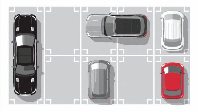 Top view of modern parking lot with black white silver and red cars in organized space
