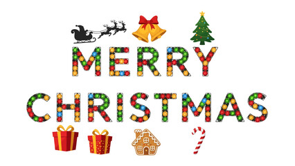 Fototapeta premium Christmas Icons and Greetings: A festive collection of Christmas imagery, including the words MERRY CHRISTMAS illuminated by colorful lights, Santa's sleigh, jingle bells, a Christmas tree.