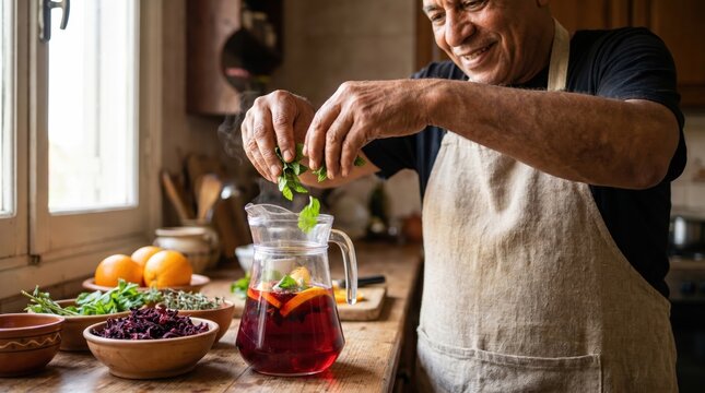 Man Preparing Hibiscus Drink for International Self Care Day