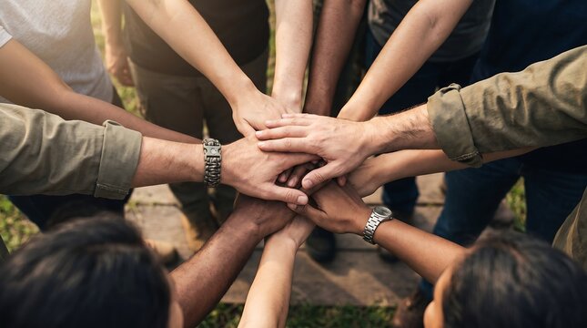 Diverse team joining hands together outdoors symbolizing unity