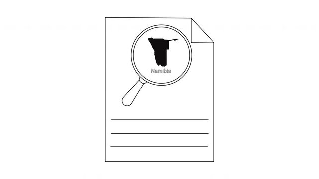 Namibia map highlighted on document under magnifying glass.