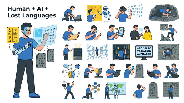 Human and AI Lost Languages vector set, artificial intelligence deciphering ancient hieroglyphs and scripts, archaeology technology icons