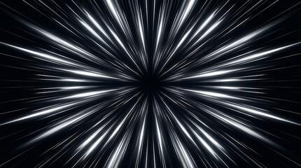Obraz premium Monochrome warp speed light trails traveling through black hole space void perspective.
