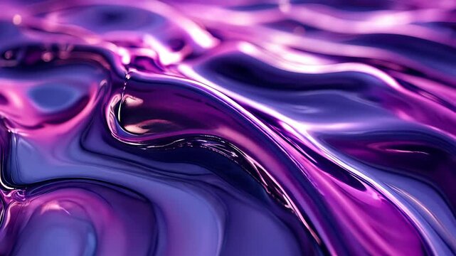 Abstract shiny purple liquid waves with metallic sheen perfect for backgrounds, digital art, web design, or technology concept visuals. Bright and reflective surface adds a stylish touch.